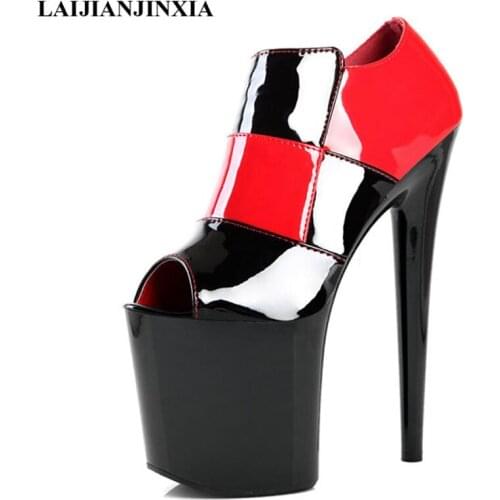 LAIJIANJINXIA New Spring Splice Sexy 20cm Ultra High Heels Wedding Party Dress Women Pole Dance Ankle Sandals Dancing Shoes