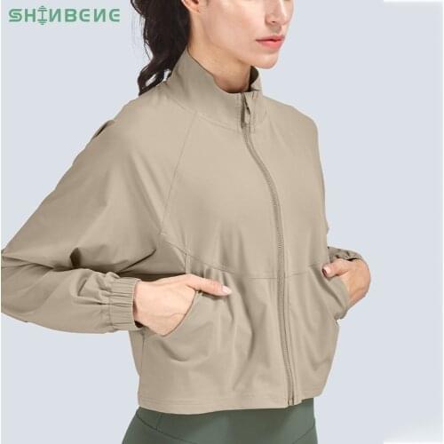 SHINBENE EASY CARE Lightweight Full Zipper Sport Jacket Coat Women Leisure Workout Gym Yoga Cropped Windbreaker with Pocket