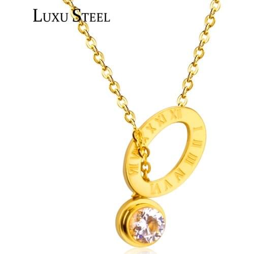LUXUSTEEL bijoux femme 2020 Stainless Steel Round CZ Gold Color Roman Numberal Pendant Necklaces Women Girl Chains Necklace