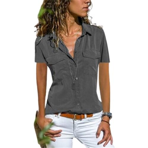 Fashion Pocket Lapel Short Sleeve Women Shirt Summer Slim Buttons Plus Size Office Lady Blouses Black Pink Femininas Tops 8XL