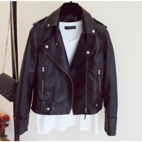 Female 2019 new design spring autumn pu leather jacket faux soft leather slim coat black rivets zipper motorcycle jackets