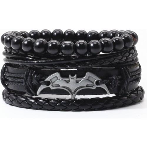 New Arrival 4 Pcs/set Vintage Bronze Feather Bat Skull Tai Chi Charm Leather Women Bracelets Men Femme Homme Male Jewelry