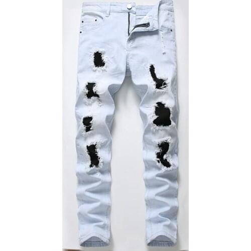 New Mens Ripped Jeans Stretch Slim Light colored Jeans Mens Straight Big Size Patch Beggar Pants Men Clothing