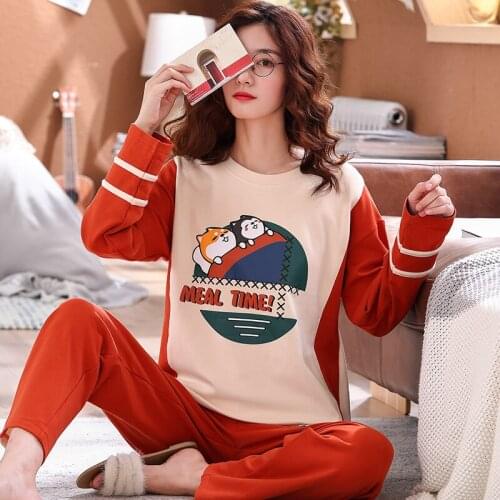 Casual Homewear Spring Autumn Pijama Soft Sweet Sleepwear Plus Size Cartoon Printed Womens Pajamas Sets Round Neck Pyjamas