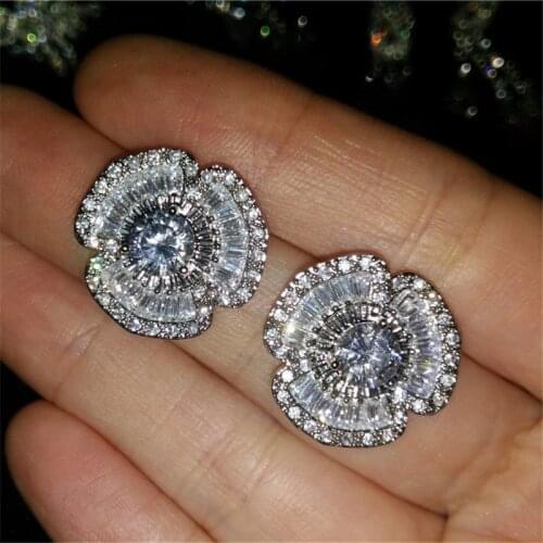 Luxury Flower Diamond Stud Earring Real 925 sterling silver Jewelry Charm Engagement Wedding Earrings for Women Party Gift
