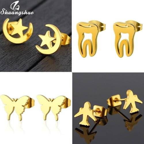 Shuangshuo Stainless Steel Moon Earrings for Women Gold Cartoon Butterfly Star Earrings Jewelry Aircraftl Earings Gifts brincos