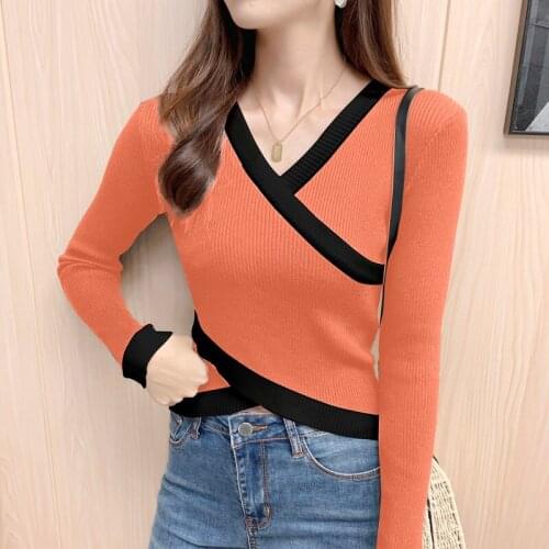 2021 Autumn Winter New Black Sexy Cross V-neck Short Knit Sweater Tops Long-sleeved Slim Slim Bottoming Sweaters Women Pullover
