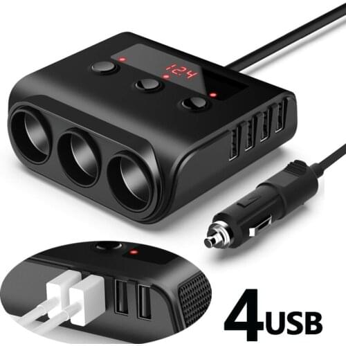 Car Cigarette Lighter One For Three With Switch Voltage Display 4USB Car Cigarette Lighter Charging For 12-24V Vehicles Trucks