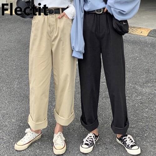 Flectit Women Pants With Belt High Waist Full Length Straight Pants Spring Summer Trousers Casual Steetwear