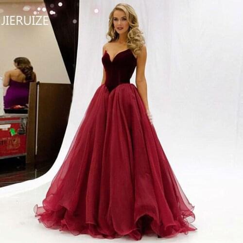 JIERUIZE Burgundy Velvet Evening Dresses Long 2019 V-neck Lace Up Back Simple Formal Dresses robe de soiree
