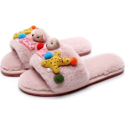 Winter 2020 Korean Style All-match Home Furry Slippers Women Casual Non-Slip Indoor Cotton Slippers Women fur slides for women
