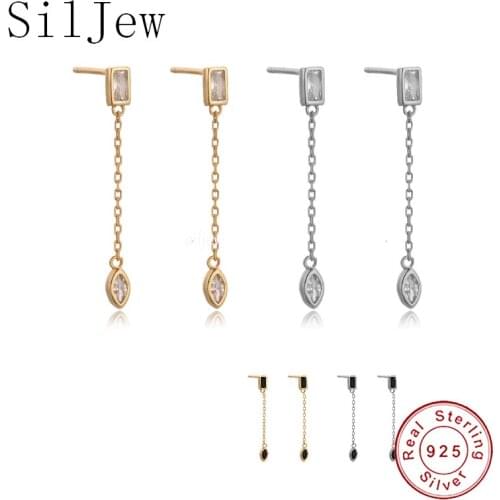 925 Sterling Silver Earring Zircon Geometric Rectangle Horse Eye Tassel Chain Long Earring French Metal Style Woman Ear Jewelry