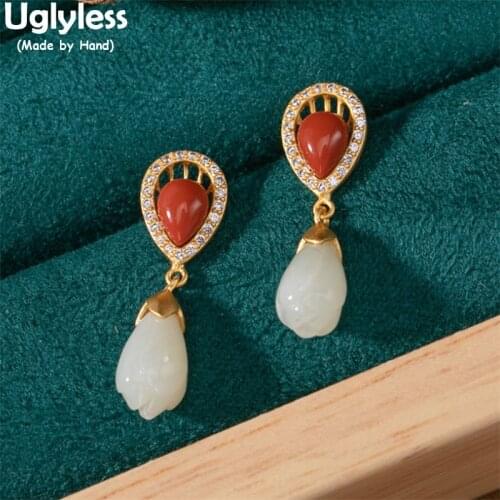 Uglyless Elegant Crystals Water Drop Agate Earrings for Women Natural Jade Magnolia Flowers Earrings 925 Silver Brincos Bijoux