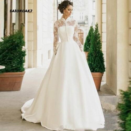 Modest Long Sleeves Wedding Dress 2020 for Women High Neck Princesa Satin Bridal Gowns Vestido De Novia Robe Mariage Online Shop