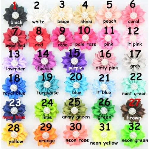 100 pcs/lot , 1.7" inch Satin Ribbon Flowers with Pearl Center, Mini Ribbon Flowers, Layer Flowers