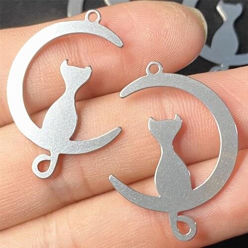 5Pcs 23*33mm Cat Half Moon Charm Jewelry Trendy Connectors Stainless Steel Never Fade Diy Jewelry Handmade Making Craft