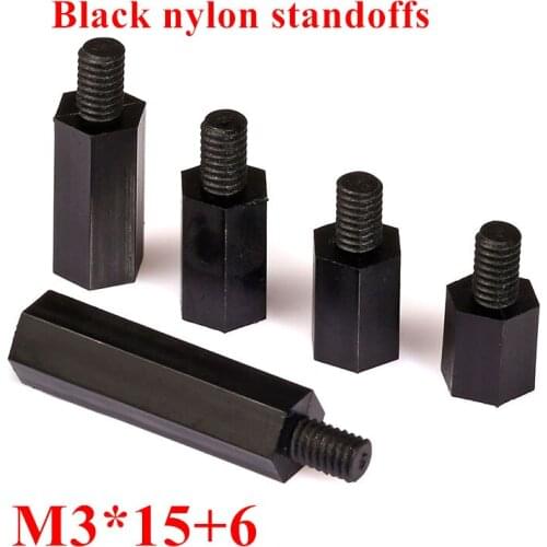500pcs M3*15+6 female Black Hex Nylon Standoff Spacer Column, Thread M3 for PCB Motherboard Plastic Spacing Screws