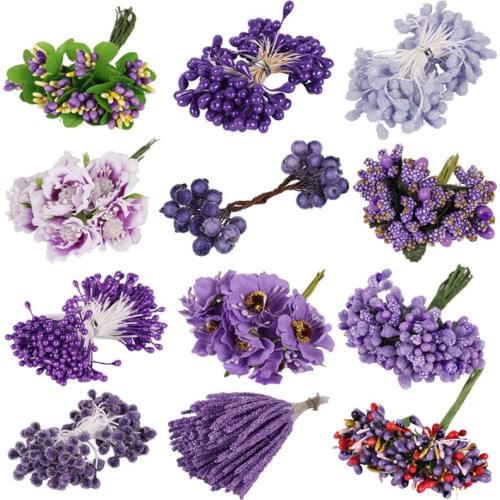6/8/10/12/50/70/90pcs Mix Purple Flower Cherry Stamen Berries Bundle DIY Christmas Wedding Cake Gift Box Wreaths Decor