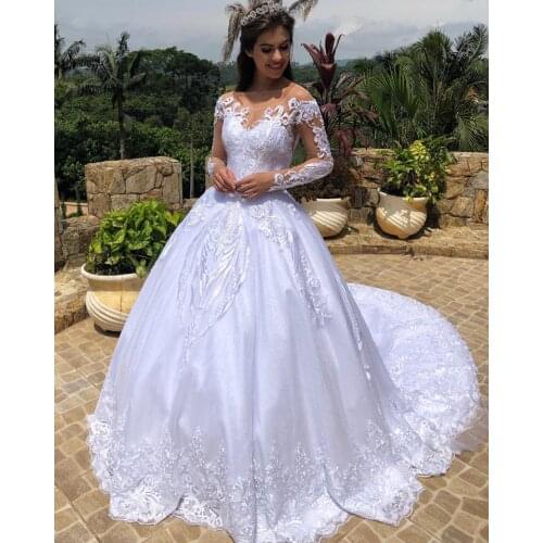 Vestido de noiva Ball Gown Long Sleeves Wedding Dress 2021 Unique Lace Appliques Luxury Bride Dress Trouwjurk Bead Waist Mariage