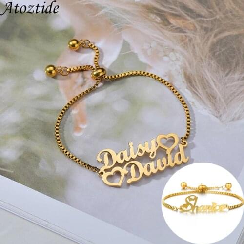 Atoztide Custom 1-2 Names Bracelet Stainless Steel Charms HandChain Letter Stretch Box Chain Bangle for Women Jewelry Gift