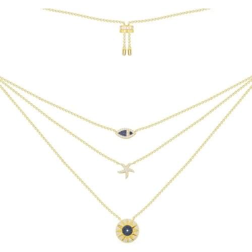 SLJELY New Fashion Real 925 Sterling Silver Gold Color Tropical Sea Star Fish Sun Triple Adjustable Necklace Women Brand Jewelry