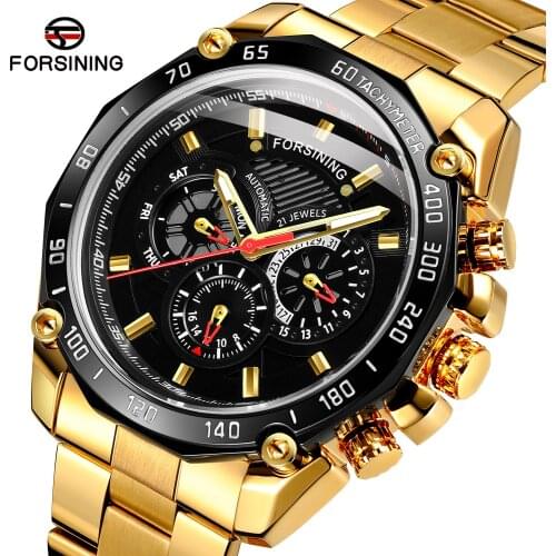 Forsining Top Brand Watch Combination Blue Calendar 3 Dials Full Silver Stainless Steel Automatic Mechanical Watches Mens Clock