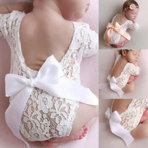 Citgeett Newborn Lace Photo Clothing V-Back Romper Bow Hairband Set Two-piece Birthdays Photography Props New