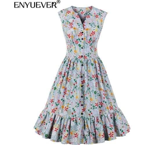 Enyuever Elegant Floral Vintage Dress Women Summer Clothes High Waist Sleeveless V Neck Ruffle Hem Button Up Party Casual Dress