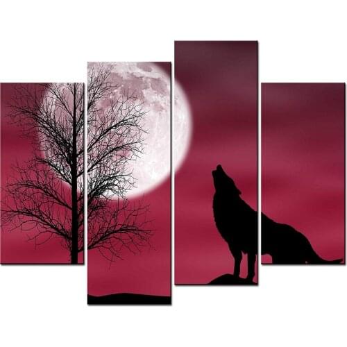 Animal Paintings Wall Art Howling Wolf in a Dark and Cloudy Night with Moon 4 Panel Picture Print For Home Decor Drop shipping