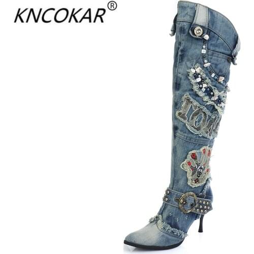 KNCOKAR New Blue Denim Water Wash Knee High Stiletto Heels Pumps Cowboy Womens Shoes High Heels Jean Knight Boots