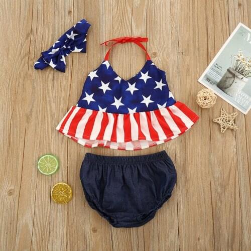 Toddler Baby Boys Girls Sets 2020 Summer Sleeveless V-Neck 4th-of-July Stars Patriotic Tops Shorts Headband Baby Girl Outfits