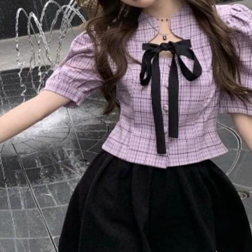 Summer Casual Plaid Blouse Tops for Women Korean Short Sleeve Kawaii Blouse Shirt Female Beach Outing Holiday Sweet Tops 2021