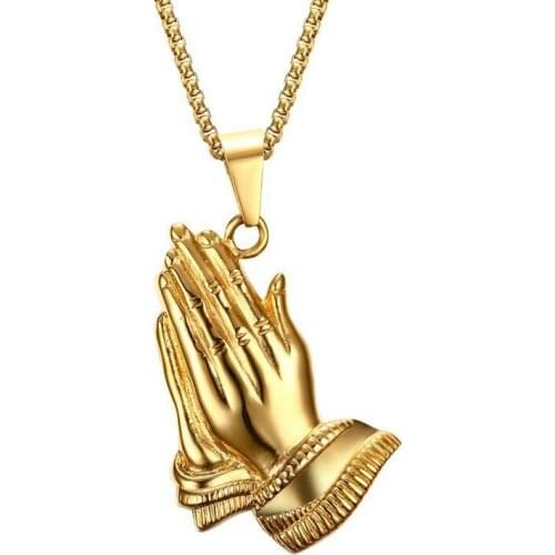 Looker 2017 New Praying Hands Hip Hop Necklace Mens Gold Color Religious Jewlry Prayer Jesus Chain Women Men Gift Plating