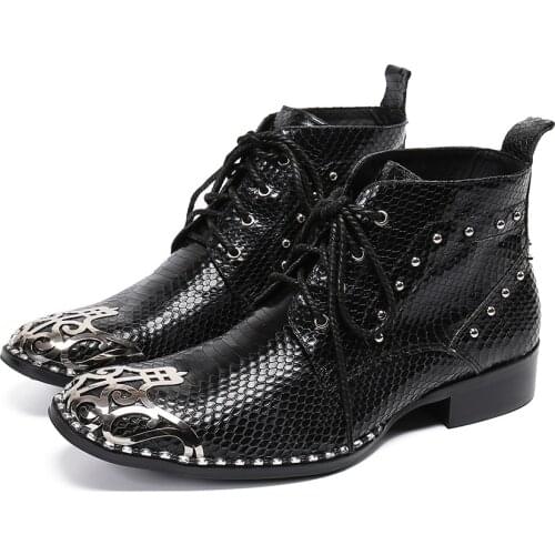 Batzuzhi Western Mens Boots Shoes Metal Toe Black Genuine Leather Ankle Boots Lace-up Rock Runway/Party/Business Botas Hombre