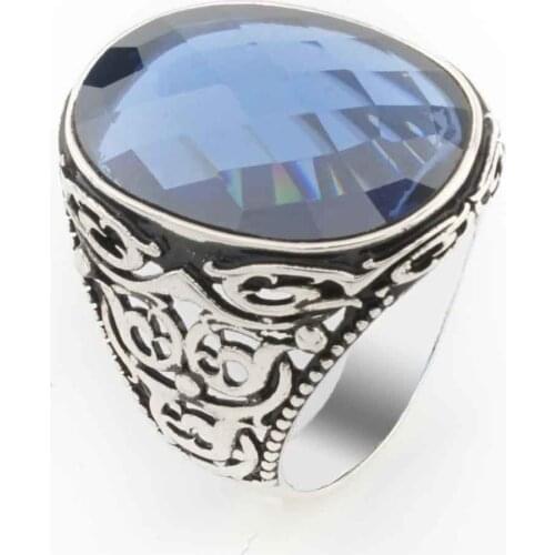 Oval Blue Zircon Cubic Zirconia Men 'S Silver Ring