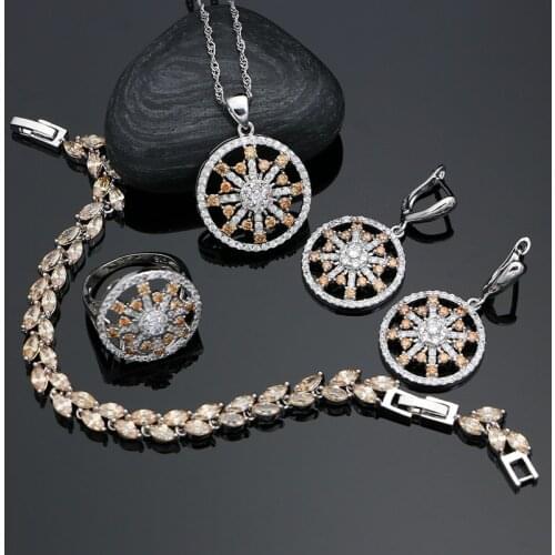 925 Sterling Silver Jewelry Sets Champagne Zircon White Crystal For Women Wedding Earrings/Rings/Bracelet/Pendant/Necklace Set