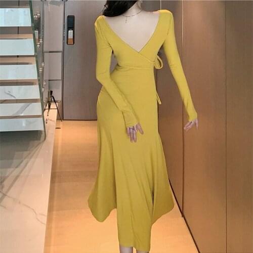 2021 new autumn temperament fashion ladies slim sexy split ends sexy solid color long dress