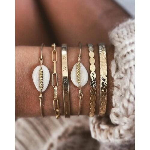 New Fashion Trend Natural Shell Arrow Geometric Retro Ethnic Bangle Bracelet Combination Travel Jewelry