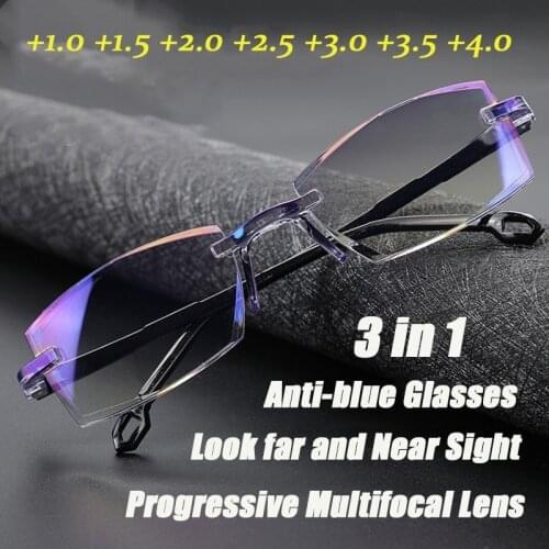 ZUEE Rimless Reading Glasses Diamond-cut Light and Blue Film Full Degree +1.0 +1.5 +2.0 +2.5 +3.0 +3.5 +4.0 Eyeglasses Glasses
