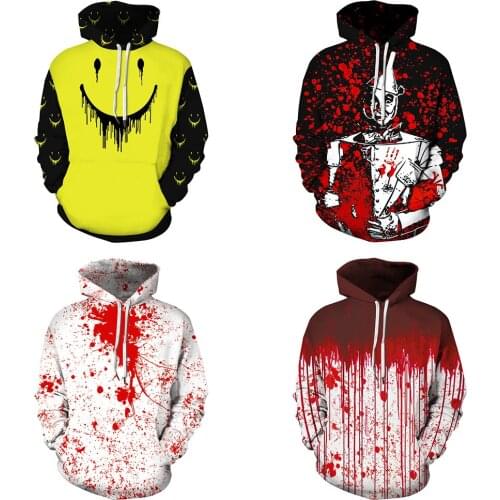 QNPQYX New Halloween Blood Drop Men 3d Horror Print Hooded Hoodies Clothes Hip Hop Pullovers Streetwear Long Sleeve Jacket Tops