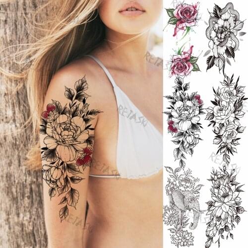Realistic Rose Flower Temporary Tattoos For Women Girl Lotus Snake Elephant Fake Tattoo Armband Sexy Arm Half Sleeve Tatoos