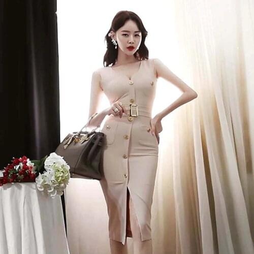 S-XL Plus Size Summer Elegant Korean Elegant Formal Dress Women Sleeveless Sexy V-neck Slim Pencil Dress Office Lady Vestidoes