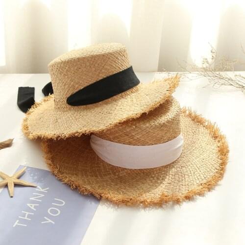 Handmade Weave 100% Raffia Sun Hats For Women With Ribbon Lace Up Large Brim 9-11CM Straw Hat Outdoor Beach Summer Flat Top Caps
