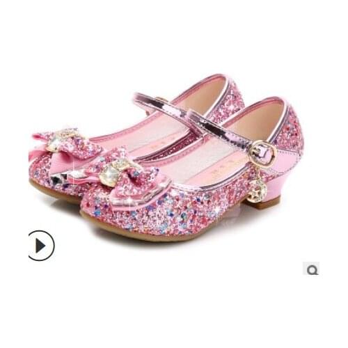 Princess Kids Leather Shoes for Girls Flower Casual Glitter Children High Heel Girls Shoes Butterfly Knot Blue Pink Silver white