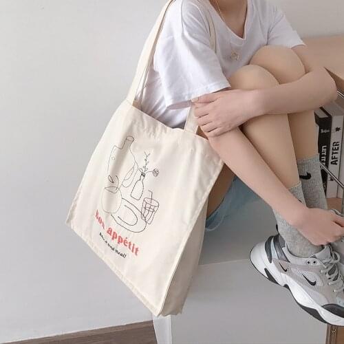 Women Cotton Canvas Tote Bag Large Letters Print Beige Shoulder Bag Flower Embroidery Ladies Handbag Girl Reusable Shopping Bag