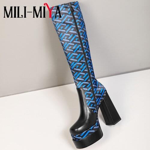 MILI-MIYA Women Chunky Heels Platform Knee High Boots Sexy Cozy Round Toe Female Zip Patchwork Night Club Shoes Big Size 34-43