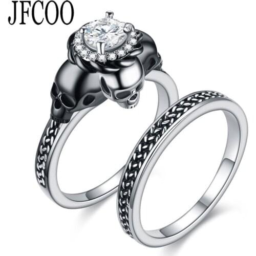 Punk Vintage Black Color Skull Women Zircon Ring Set Rings Women silver Color Wedding Jewelry Dropshipping