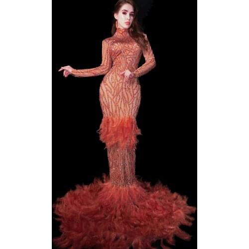 High Fashion Sparkly Rhinestones Feather Dress Full Stones Long Tail Dress Women Evening Prom Birthday Celebrate Party Dresses