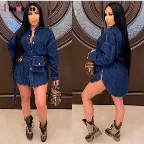 Ladies Streetwear Bodycon Loose Ruffles Dress 2021 Long Sleeve Denim T-Shirt Dress Women Lace Up Pocket Short Party Dress Female