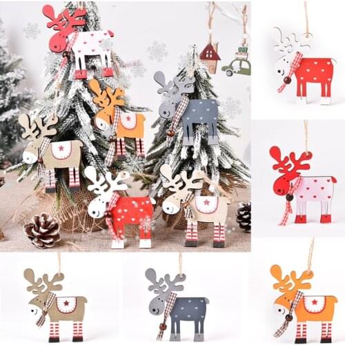 1PC 2021 New Year 2D 3D Christmas Ornament Wooden Hanging Pendants Star Xmas Tree Bell Christmas Home Decorations Elk Red Snow